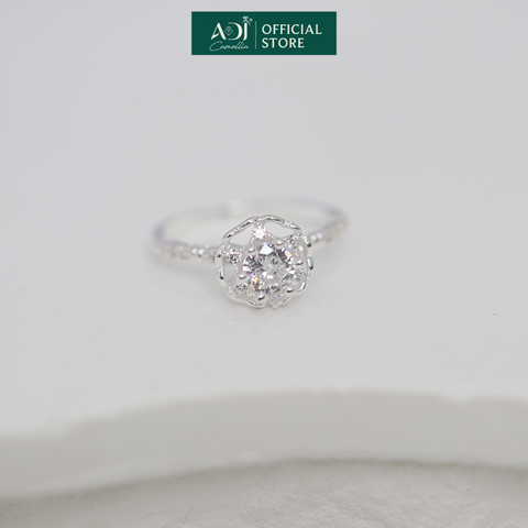 Nhẫn Bạc Nữ ADJ Hoa 6 Cánh Trái Tim Viền Đá Lấp Lánh Viên Chủ Sang Trọng