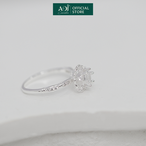 Nhẫn Bạc Nữ ADJ Hoa 6 Cánh Trái Tim Viền Đá Lấp Lánh Viên Chủ Sang Trọng