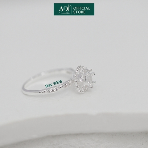 Nhẫn Bạc Nữ ADJ Hoa 6 Cánh Trái Tim Viền Đá Lấp Lánh Viên Chủ Sang Trọng
