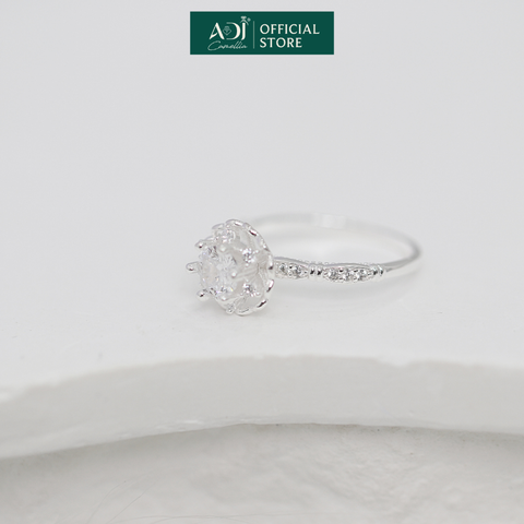 Nhẫn Bạc Nữ ADJ Hoa 6 Cánh Trái Tim Viền Đá Lấp Lánh Viên Chủ Sang Trọng