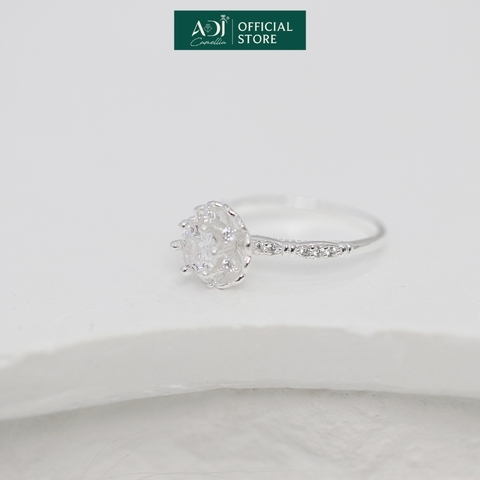 Nhẫn Bạc Nữ ADJ Hoa 6 Cánh Trái Tim Viền Đá Lấp Lánh Viên Chủ Sang Trọng