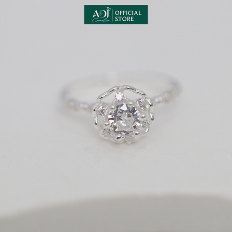 Nhẫn Bạc Nữ ADJ Hoa 6 Cánh Trái Tim Viền Đá Lấp Lánh Viên Chủ Sang Trọng