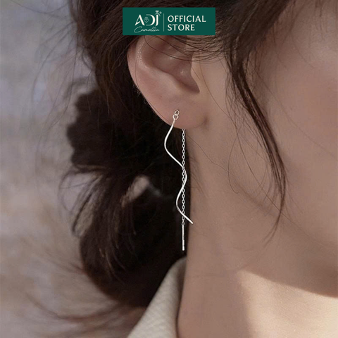 Bông Bạc Tai Nữ ADJ Dáng Dài Thiết Kế Gợn Sóng Basic Thời Trang