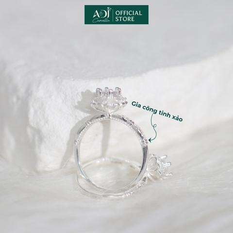 Nhẫn Bạc Nữ ADJ Hoa 6 Cánh Trái Tim Viền Đá Lấp Lánh Viên Chủ Sang Trọng
