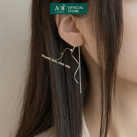 Bông Bạc Tai Nữ ADJ Dáng Dài Thiết Kế Gợn Sóng Basic Thời Trang