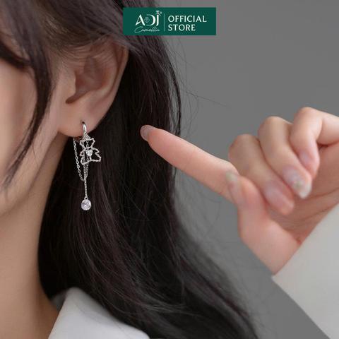 Khuyên Tai Bạc Nữ ADJ Dáng Dài Hình Chú Gấu Dễ Thương Phối Đá CZ
