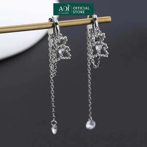 Khuyên Tai Bạc Nữ ADJ Dáng Dài Hình Chú Gấu Dễ Thương Phối Đá CZ
