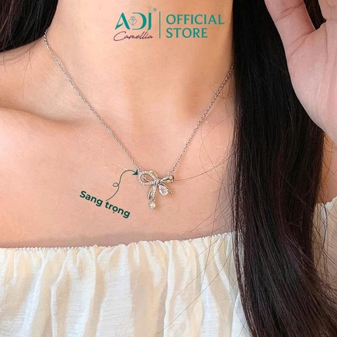 Dây Chuyền Bạc Nữ ADJ Hình Nơ Phối Đá Giọt Nước Lấp Lánh