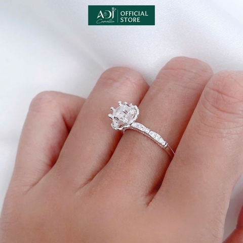 Nhẫn Bạc Nữ ADJ Hoa 6 Cánh Trái Tim Viền Đá Lấp Lánh Viên Chủ Sang Trọng