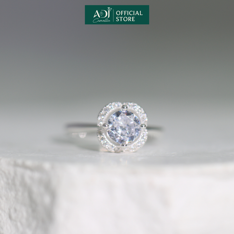 Nhẫn Bạc Nữ ADJ Hoa 4 Cánh Viền Đá Tròn Viên Chủ Lấp Lánh Đế Nạm Tinh Xảo