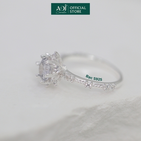 Nhẫn Bạc Nữ ADJ 6 Cánh Nhọn Viên Chủ To Viền Nạm Đá Lấp Lánh