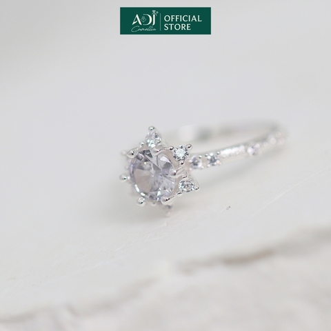 Nhẫn Bạc Nữ ADJ 6 Cánh Nhọn Viên Chủ To Viền Nạm Đá Lấp Lánh