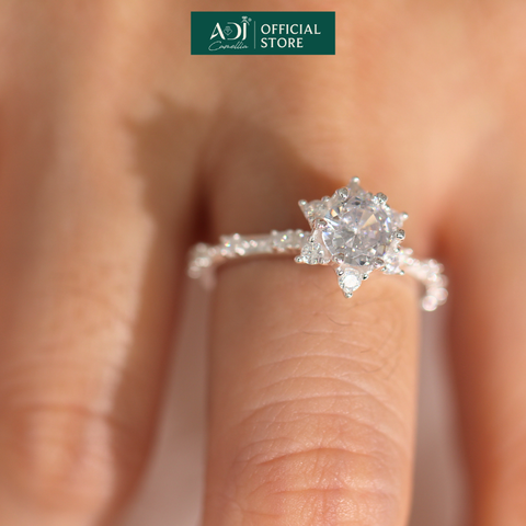 Nhẫn Bạc Nữ ADJ 6 Cánh Nhọn Viên Chủ To Viền Nạm Đá Lấp Lánh