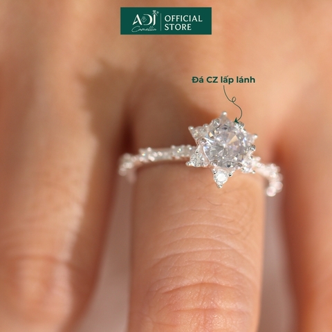 Nhẫn Bạc Nữ ADJ 6 Cánh Nhọn Viên Chủ To Viền Nạm Đá Lấp Lánh