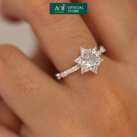 Nhẫn Bạc Nữ ADJ 6 Cánh Nhọn Viên Chủ To Viền Nạm Đá Lấp Lánh