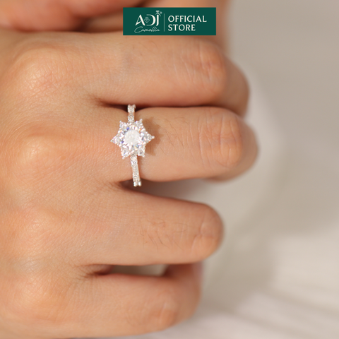 Nhẫn Bạc Nữ ADJ 6 Cánh Nhọn Viên Chủ To Viền Nạm Đá Lấp Lánh