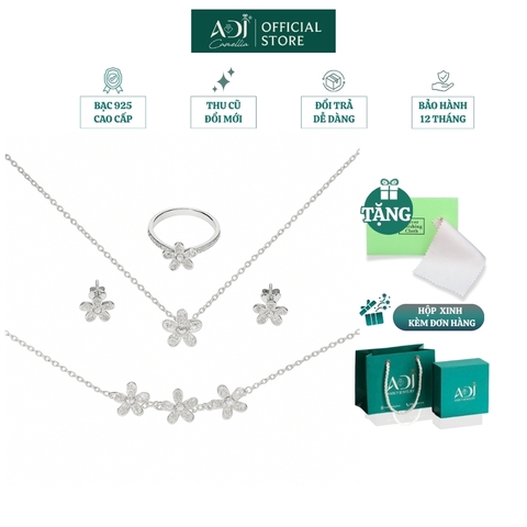 Bộ sản phẩm Trang sức bạc 925 ADJ đính đá CZ sang trọng cao cấp Bông hoa 5 cánh
