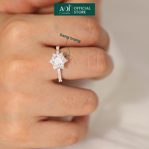 Nhẫn Bạc Nữ ADJ 6 Cánh Nhọn Viên Chủ To Viền Nạm Đá Lấp Lánh