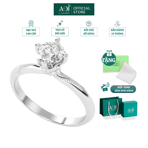 Nhẫn Bạc Nữ ADJ 4 Chấu Cánh Sen Trụ Tròn Nạm Đá Viên Chủ Lấp Lánh Sang Trọng