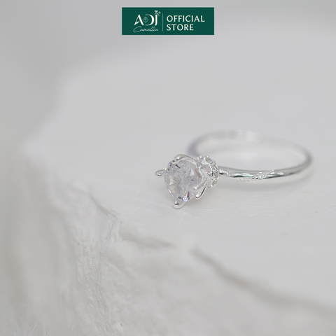 Nhẫn Bạc Nữ ADJ 4 Chấu Cánh Sen Trụ Tròn Nạm Đá Viên Chủ Lấp Lánh Sang Trọng