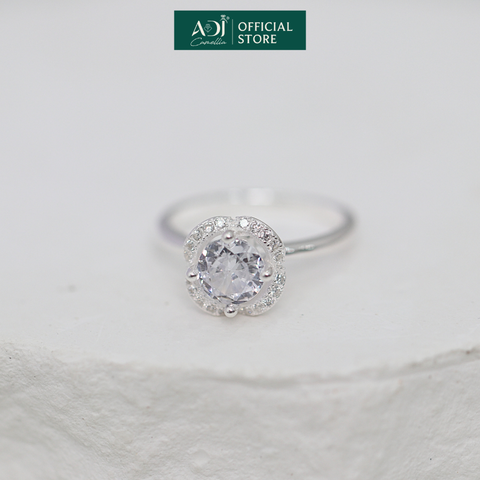 Nhẫn Bạc Nữ ADJ Hoa 4 Cánh Viền Đá Tròn Viên Chủ Lấp Lánh Đế Nạm Tinh Xảo