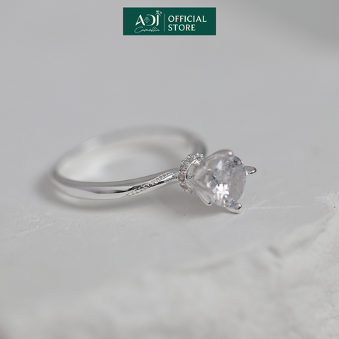 Nhẫn Bạc Nữ ADJ 4 Chấu Cánh Sen Trụ Tròn Nạm Đá Viên Chủ Lấp Lánh Sang Trọng