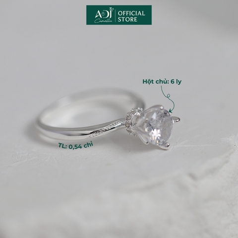 Nhẫn Bạc Nữ ADJ 4 Chấu Cánh Sen Trụ Tròn Nạm Đá Viên Chủ Lấp Lánh Sang Trọng