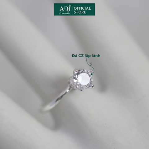Nhẫn Bạc Nữ ADJ 4 Chấu Cánh Sen Trụ Tròn Nạm Đá Viên Chủ Lấp Lánh Sang Trọng