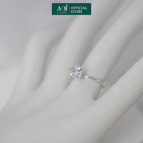 Nhẫn Bạc Nữ ADJ 4 Chấu Cánh Sen Trụ Tròn Nạm Đá Viên Chủ Lấp Lánh Sang Trọng