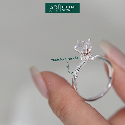 Nhẫn Bạc Nữ ADJ 4 Chấu Cánh Sen Trụ Tròn Nạm Đá Viên Chủ Lấp Lánh Sang Trọng