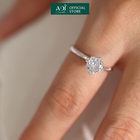 Nhẫn Bạc Nữ ADJ 4 Chấu Cánh Sen Trụ Tròn Nạm Đá Viên Chủ Lấp Lánh Sang Trọng