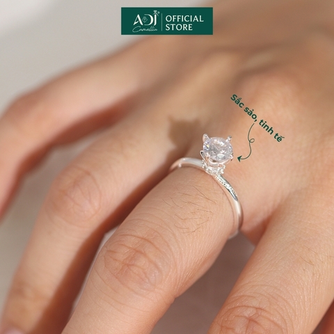 Nhẫn Bạc Nữ ADJ 4 Chấu Cánh Sen Trụ Tròn Nạm Đá Viên Chủ Lấp Lánh Sang Trọng