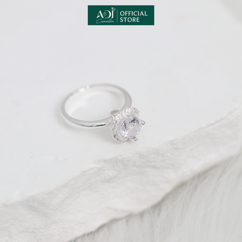 Nhẫn Bạc Nữ ADJ Hoa 4 Cánh Viền Đá Tròn Viên Chủ Lấp Lánh Đế Nạm Tinh Xảo