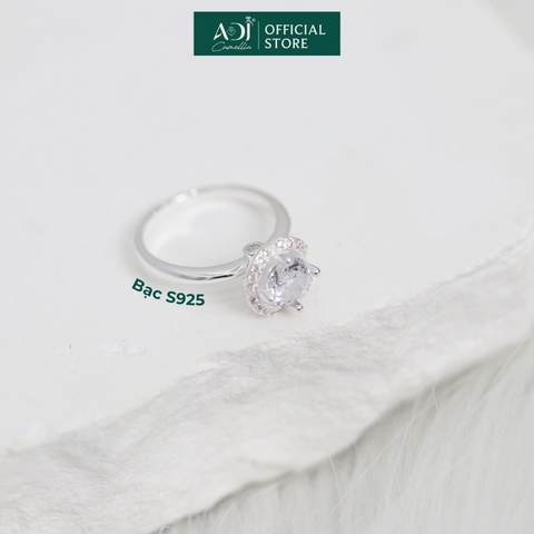Nhẫn Bạc Nữ ADJ Hoa 4 Cánh Viền Đá Tròn Viên Chủ Lấp Lánh Đế Nạm Tinh Xảo