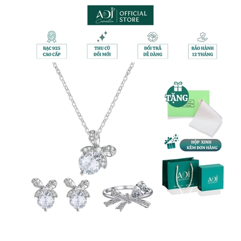 Bộ trang sức Bạc Dây chuyền, Nhẫn, Bông tai Nữ ADJ 925 Nơ Pha Lê Ngọt Ngào Thanh Lịch