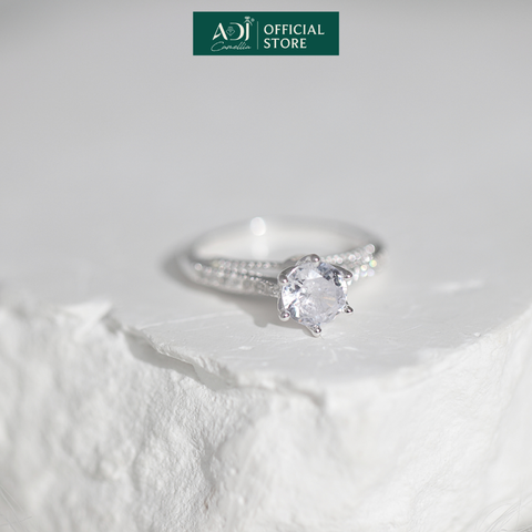 Nhẫn Bạc Nữ ADJ Trụ Vương Miện Cao phối Viền Đôi Nạm Đá Lấp Lánh