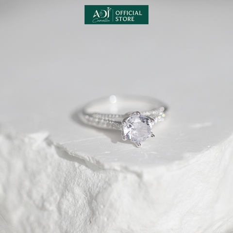 Nhẫn Bạc Nữ ADJ Trụ Vương Miện Cao phối Viền Đôi Nạm Đá Lấp Lánh