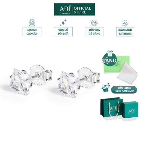 Bông tai Trang sức bạc 925 ADJ đính đá CZ sang trọng cao cấp Pha Lê Vuông SB10049AD