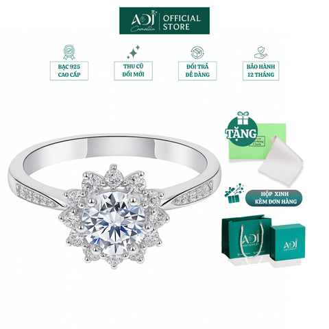 Nhẫn Bạc Nữ ADJ Hoa Mặt Trời 6 Chấu Trụ Cao Nạm Đá phối Viên Chủ Sang Trọng