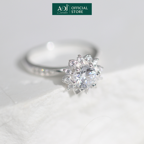 Nhẫn Bạc Nữ ADJ Hoa Mặt Trời 6 Chấu Trụ Cao Nạm Đá phối Viên Chủ Sang Trọng