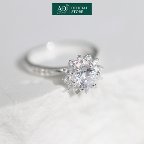 Nhẫn Bạc Nữ ADJ Hoa Mặt Trời 6 Chấu Trụ Cao Nạm Đá phối Viên Chủ Sang Trọng