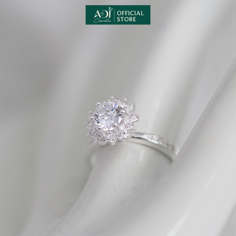 Nhẫn Bạc Nữ ADJ Hoa Mặt Trời 6 Chấu Trụ Cao Nạm Đá phối Viên Chủ Sang Trọng