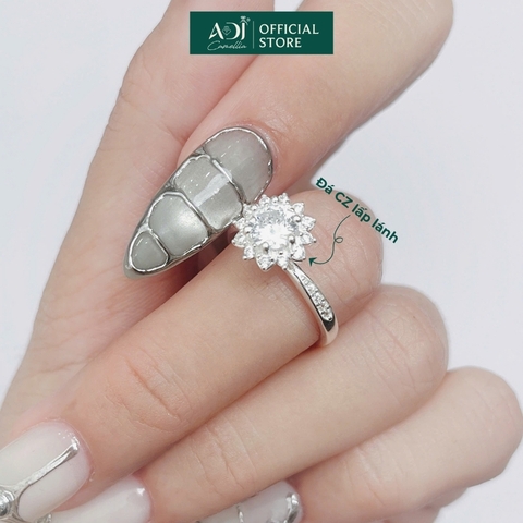 Nhẫn Bạc Nữ ADJ Hoa Mặt Trời 6 Chấu Trụ Cao Nạm Đá phối Viên Chủ Sang Trọng