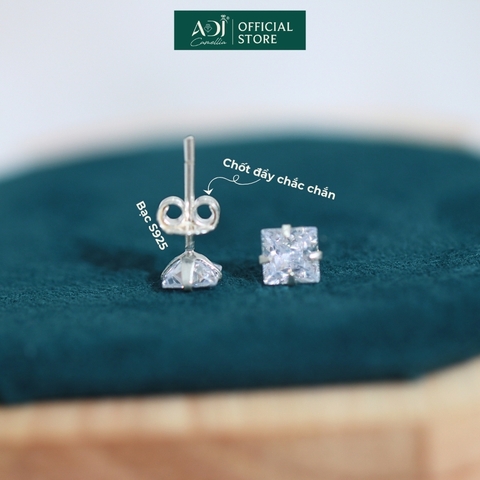 Bông tai Trang sức bạc 925 ADJ đính đá CZ sang trọng cao cấp Pha Lê Vuông SB10049AD