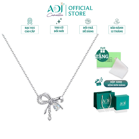Dây Chuyền Bạc Nữ ADJ Hình Nơ Phối Đá Giọt Nước Lấp Lánh