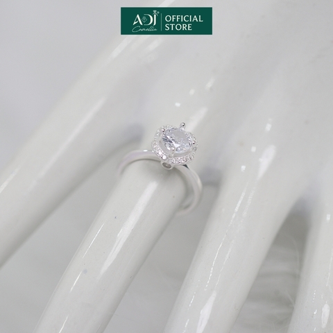 Nhẫn Bạc Nữ ADJ Hoa 4 Cánh Viền Đá Tròn Viên Chủ Lấp Lánh Đế Nạm Tinh Xảo