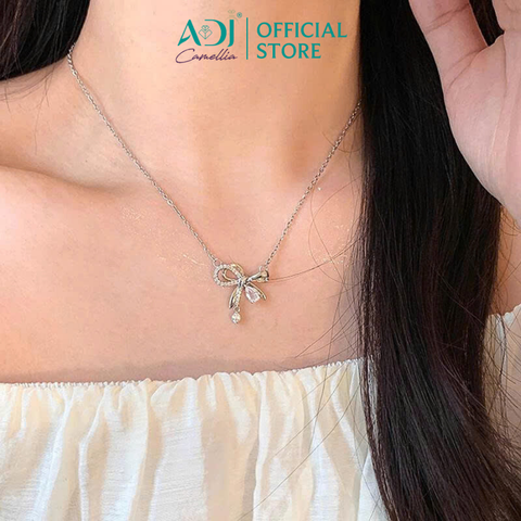 Dây Chuyền Bạc Nữ ADJ Hình Nơ Phối Đá Giọt Nước Lấp Lánh