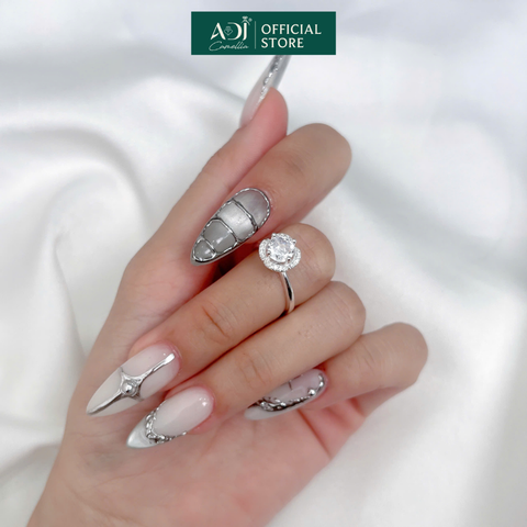 Nhẫn Bạc Nữ ADJ Hoa 4 Cánh Viền Đá Tròn Viên Chủ Lấp Lánh Đế Nạm Tinh Xảo