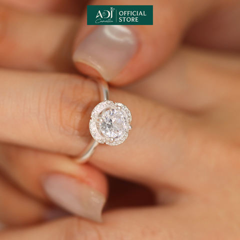 Nhẫn Bạc Nữ ADJ Hoa 4 Cánh Viền Đá Tròn Viên Chủ Lấp Lánh Đế Nạm Tinh Xảo