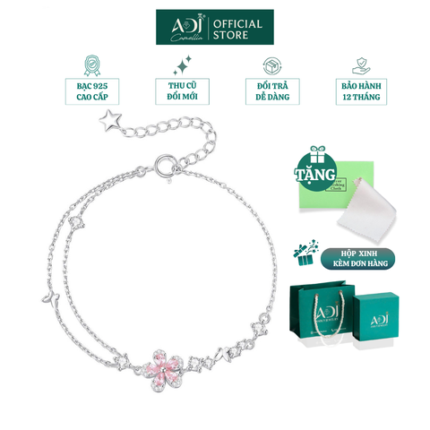 Lắc Tay Bạc Nữ ADJ Dây Đôi Mix Charm Hoa Đá Hồng Lấp Lánh